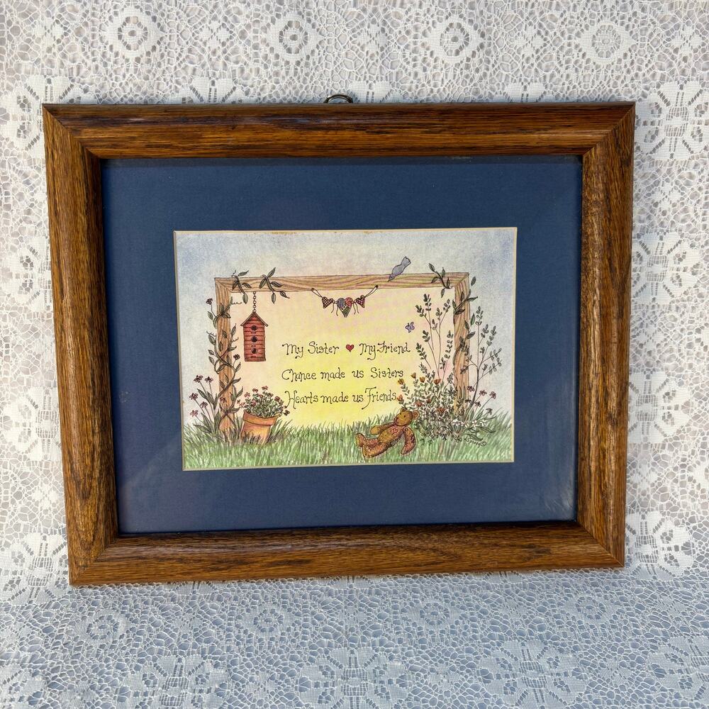 Vintage My Sister My Friend Framed Print Country Folk Art Teddy Bear Wall Decor